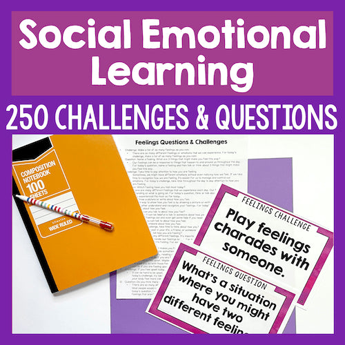 Social Emotional Learning materials with a notebook, pen, and cards on a purple background
