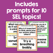 Prompts for SEL topics on a purple background with text 'Includes prompts for 10 SEL topics!'.