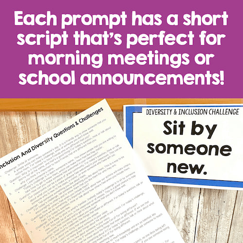 Sheet of paper with text and a card labeled 'Diversity & Inclusion Challenge' on a wooden surface.