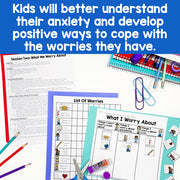 Educational materials and tools for understanding anxiety and coping strategies on a blue background