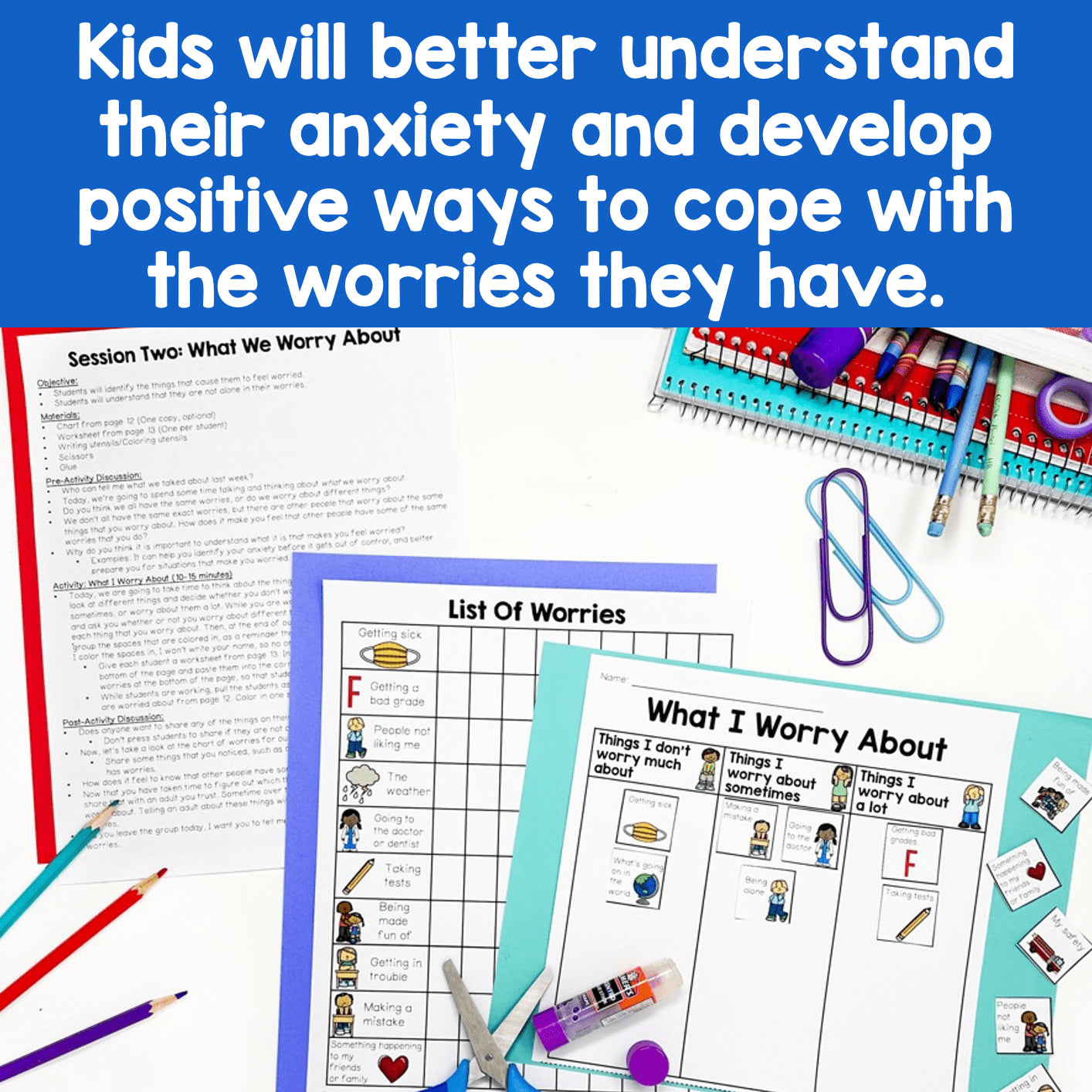 Educational materials and tools for understanding anxiety and coping strategies on a blue background