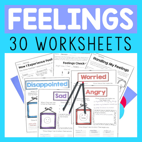 Collection of feelings worksheets with text 'Feelings 30 Worksheets' on a blue background