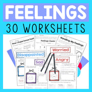 Collection of feelings worksheets with text 'Feelings 30 Worksheets' on a blue background