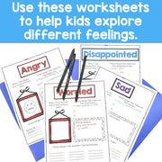 Educational worksheets for exploring different feelings with text and pens on a blue background