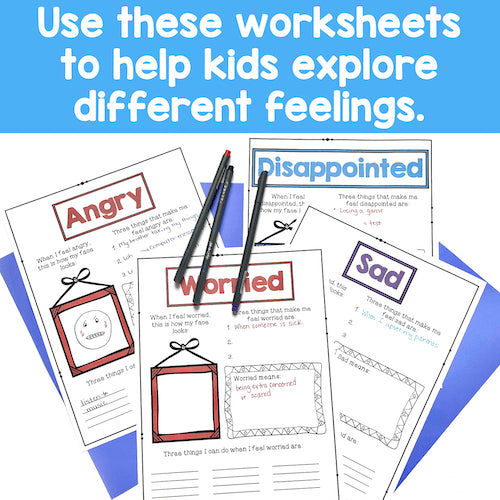Educational worksheets for exploring different feelings with text and pens on a blue background