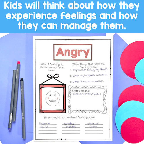 Worksheet titled 'Angry' with coloring and text on a blue background with pens and circular shapes.