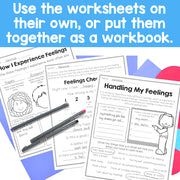 Educational worksheets on a blue background with text about using them individually or together.