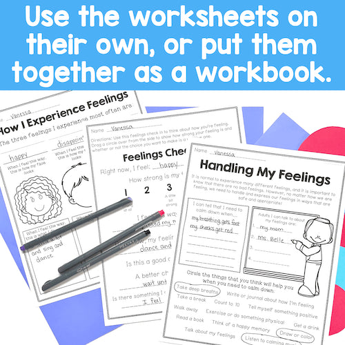 Educational worksheets on a blue background with text about using them individually or together.
