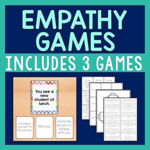 Empathy games packaging with text and game cards on a blue background