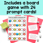 Board game with 24 prompt cards and dice on a colorful background