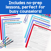 Educational materials with text 'Includes no-prep lessons, perfect for busy counselors!' on a blue background.