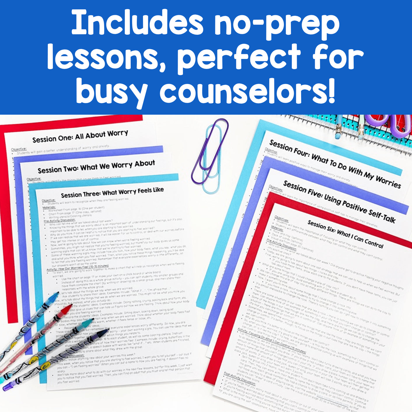 Educational materials with text 'Includes no-prep lessons, perfect for busy counselors!' on a blue background.
