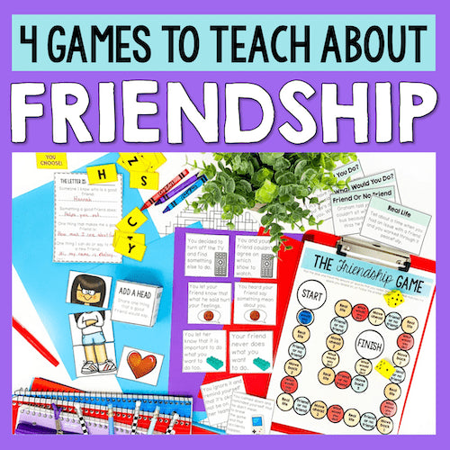 Educational materials for teaching about friendship with games and activities on a purple background.
