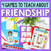 Educational materials for teaching about friendship with games and activities on a purple background.