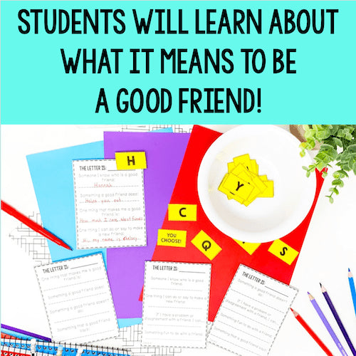 Educational materials for teaching friendship on a colorful background with text 'Students will learn about what it means to be a good friend!'.