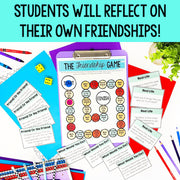Educational materials for 'The Friendship Game' with colorful cards and a clipboard on a blue background.