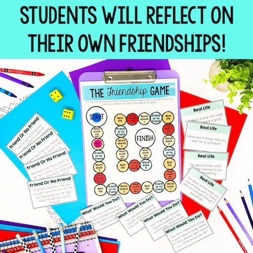 Educational materials for 'The Friendship Game' with colorful cards and a clipboard on a blue background.