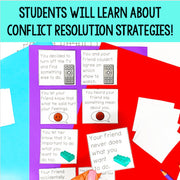 Educational cards on conflict resolution strategies with colorful border