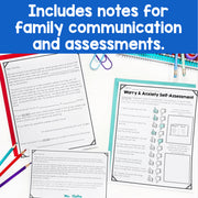 Educational materials with text 'Includes notes for family communication and assessments' on a blue background.