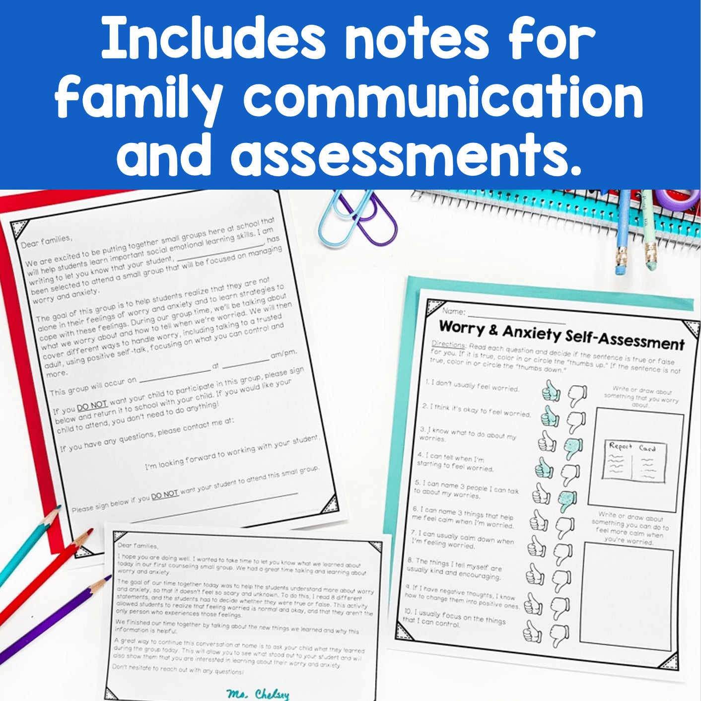 Educational materials with text 'Includes notes for family communication and assessments' on a blue background.