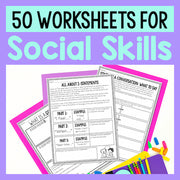 Promotional graphic for 50 worksheets for social skills with a purple background and colorful crayons.