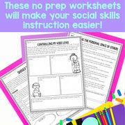 No prep worksheets for social skills instruction with colorful pencils on a purple background
