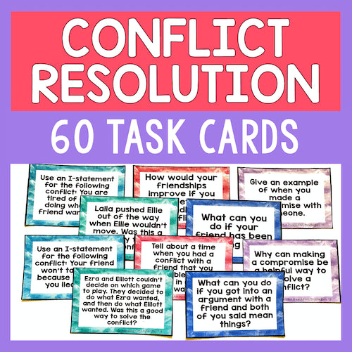Conflict resolution task cards with text prompts on a colorful background