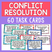 Conflict resolution task cards with text prompts on a colorful background
