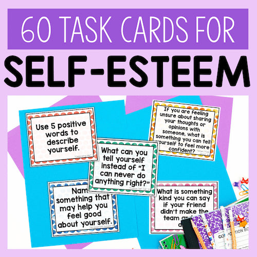 Set of self-esteem task cards on a purple background with text '60 Task Cards for Self-Esteem'.