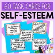 Set of self-esteem task cards on a purple background with text '60 Task Cards for Self-Esteem'.