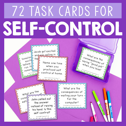 72 task cards for self-control on a purple background with markers.