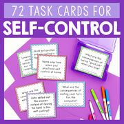 72 task cards for self-control on a purple background with markers.