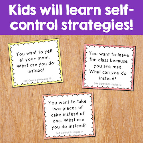 Educational cards on a wooden surface with text about self-control strategies.