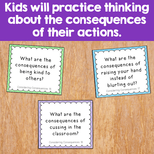 Educational cards on a wooden surface with text about consequences of actions.