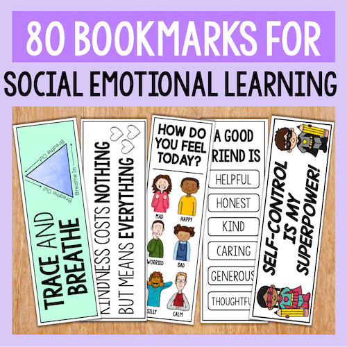 Bookmarks for social emotional learning on a wooden surface with a purple border.