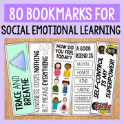 Bookmarks for social emotional learning on a wooden surface with a purple border.