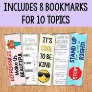 Set of eight educational bookmarks on a wooden surface with text about different topics.