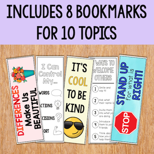 Set of eight educational bookmarks on a wooden surface with text about different topics.