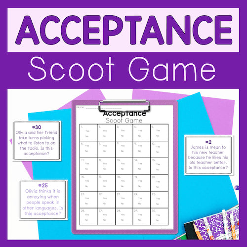 Acceptance Scoot Game with a purple background and text