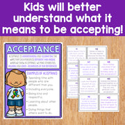 Educational materials on acceptance with text and illustrations on a wooden surface