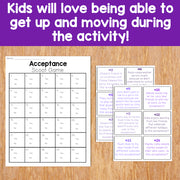 Acceptance Scoot Game with answer cards on a wooden surface