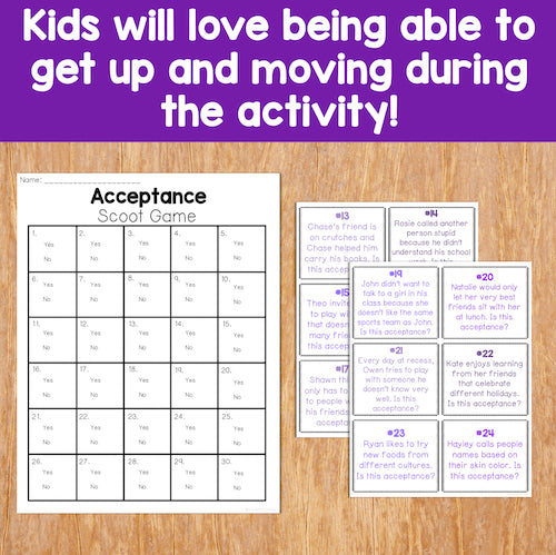 Acceptance Scoot Game with answer cards on a wooden surface