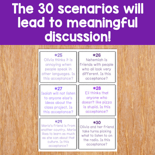 Educational cards on a wooden surface with text about scenarios leading to discussion.