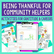 Educational materials for teaching children about community helpers and future careers on a teal background.