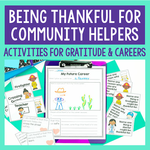 Educational materials for teaching children about community helpers and future careers on a teal background.