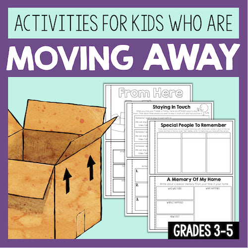 Educational materials for kids who are moving away with a cardboard box and worksheets on a purple background.