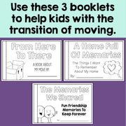 Three booklets for helping kids with the transition of moving, on a light green and purple background.