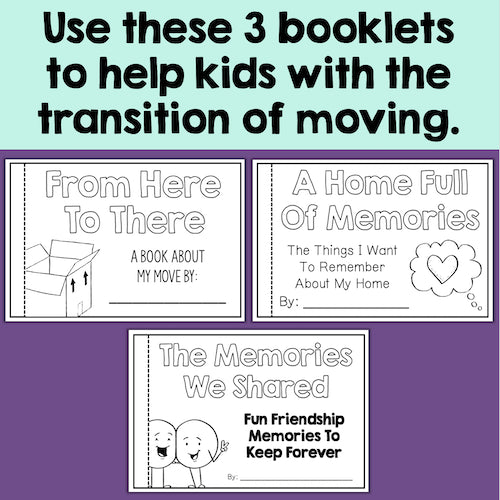 Three booklets for helping kids with the transition of moving, on a light green and purple background.