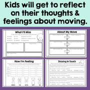 Four booklets for helping kids with reflecting on moving, on a light green and purple background.