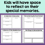 Four booklets for helping kids with reflecting on special memories, on a light green and purple background.